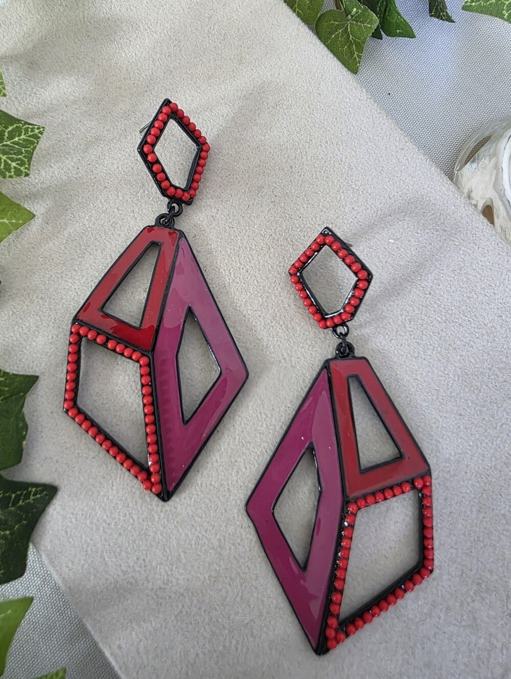 Bold Modern Geometric Dangle Earrings Red Pink Magenta Enamel Bead Trim